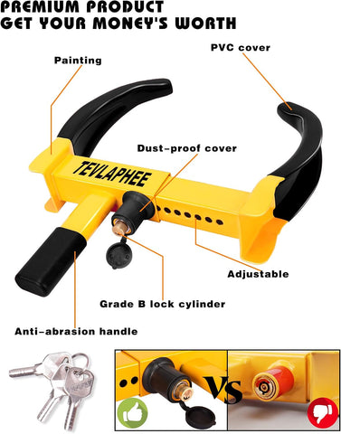 Tevlaphee Universal Wheel Lock Heavy Duty Security Trailer Wheel Lock Anti Theft Wheel Locks for Cars SUV Camper Motorcycle Trailer Great Deterrent Bright Color with 3 Keys (Red-Yellow)