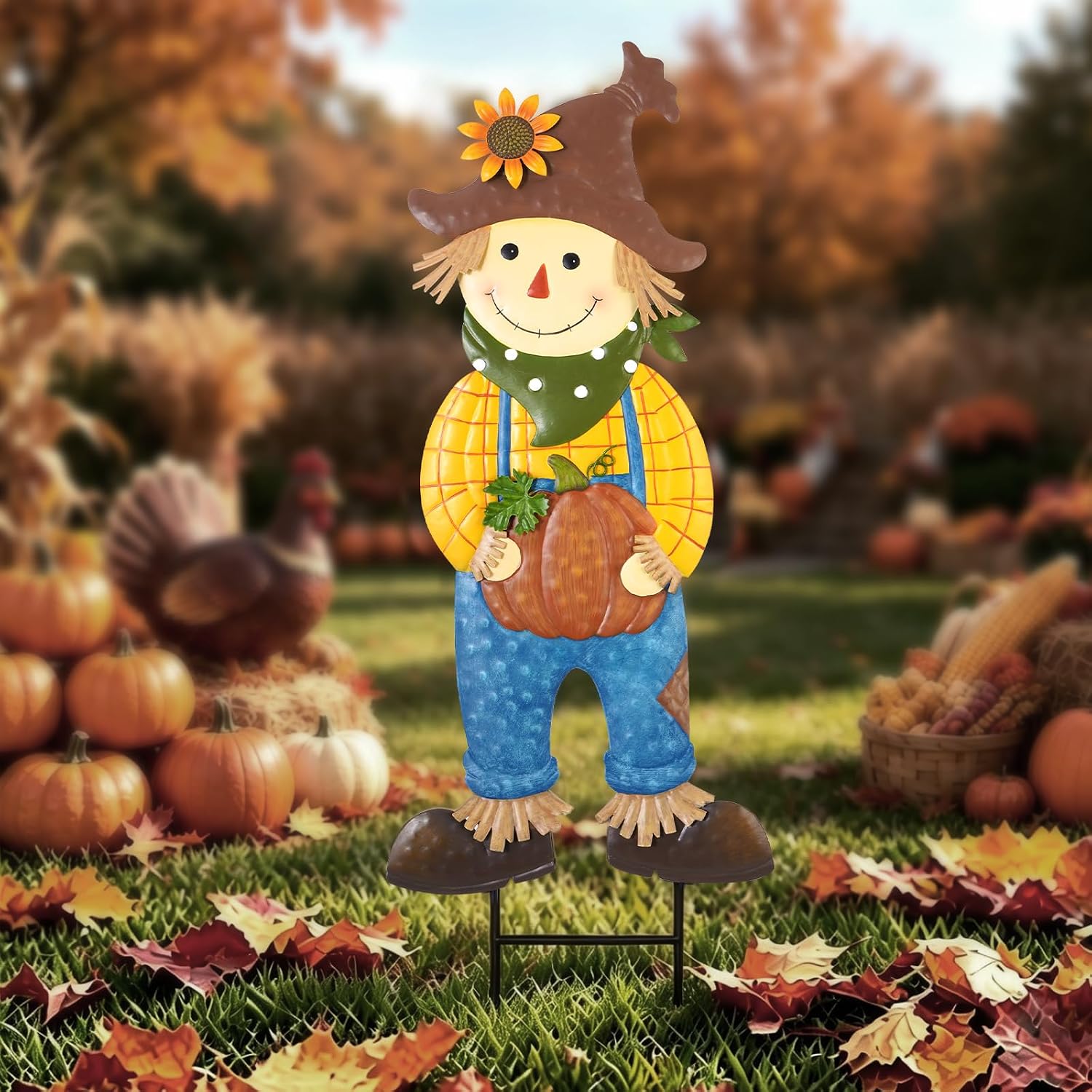 BRIGHTDECK Outdoor Fall Scarecrow Metal Stakes Decorations Autumn Yard Sign