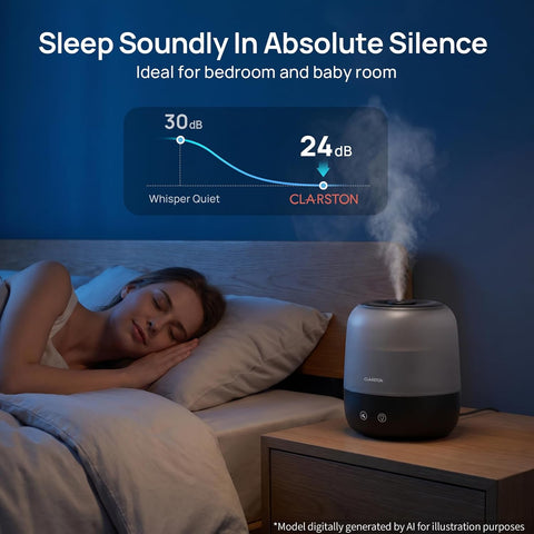 Clarston Humidifiers for Bedroom, 2L Cool Mist Humidifier, 24dB Quiet Sleep