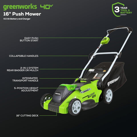 Greenworks 40V 16in Push Lawn Mower, 4.0 Ah Battery and Charger