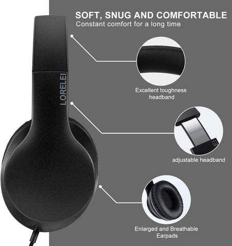 LORELEI X6 Over-Ear Wired Stereo Bass Headphones with Microphone, Lightweight, Foldable & Portable with 1.45M No-Tangle for Smartphone, Tablet, MP3/4, Space Black