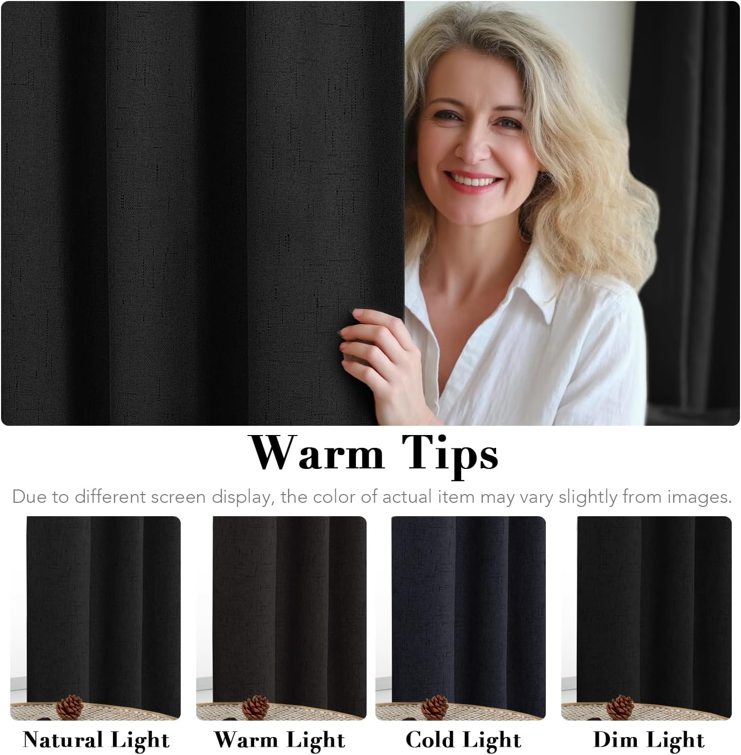 H.VERSAILTEX 100% Blackout Linen Curtains 45" L 2 Panels Black