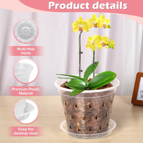 FUIJOL Orchid Pot, 6 Pack 456 Inch Clear Orchid Pots with Holes and Saucers for Repotting, Breathable Slotted Plastic Orchid Planters with Drainage for Root Health Indoor Outdoor (456 inch)