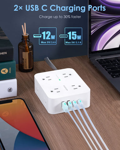 6Ft Surge Protector Power Strip with USB C, Extension Cord with 8 Wide Outlets(2.2 IN) and 4 USB Ports(2 USB C), Flat Plug, Wall Mount, 3 Side Outlet Extender for Home Dorm Room Essentials, ETL Listed