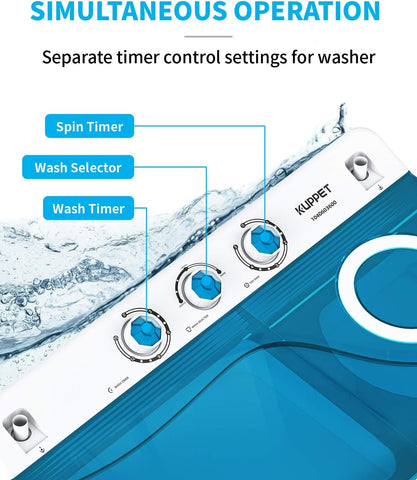 Compact Twin Tub Portable Mini Washing Machine 26lbs Capacity, Washer(18lbs)&Spiner(8lbs)/Built-in Drain Pump/Semi-Automatic (White&Blue)
