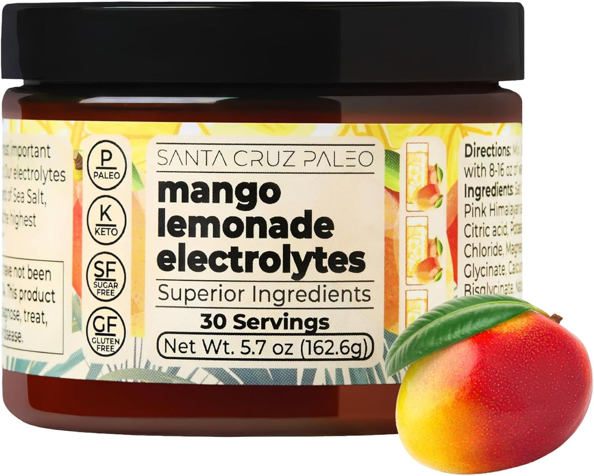 Santa Cruz Paleo Electrolyte Powder, Mango Lemonade, Sugar Free Hydration Drink Mix with Himalayan Pink Salt, Sea Salt, Magnesium Glycinate, Potassium Chloride, Sweetened with Stevia, 30 Servings