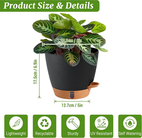 2 Pack 8 Inch Pots for Plants Indoor, Plastic Self Watering Planters