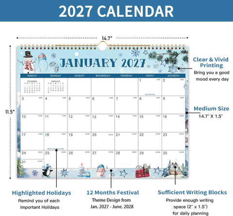 2027 Wall Calendar,18-Month Wall Calendar 2027-2028,14.7" x 11.5"