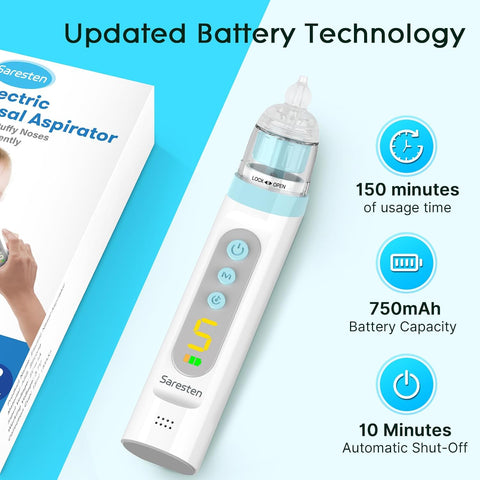 Baby Nasal Aspirator, Rechargeable Nose Sucker with 3 Silicone Tips, Adjustable Suction, Waterproof, Blue