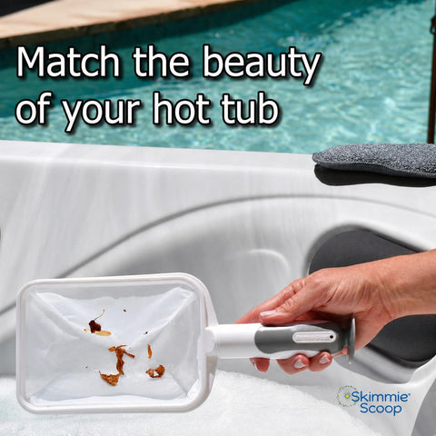 The Skimmie Scoop - Patented Handheld Skimmer with Fine Mesh Net for Spa, Hot Tub, Cold Plunge and Small Pool Cleaning - Lightweight and Durable with Powerful Suction Cup - Clean Out Filter (White)
