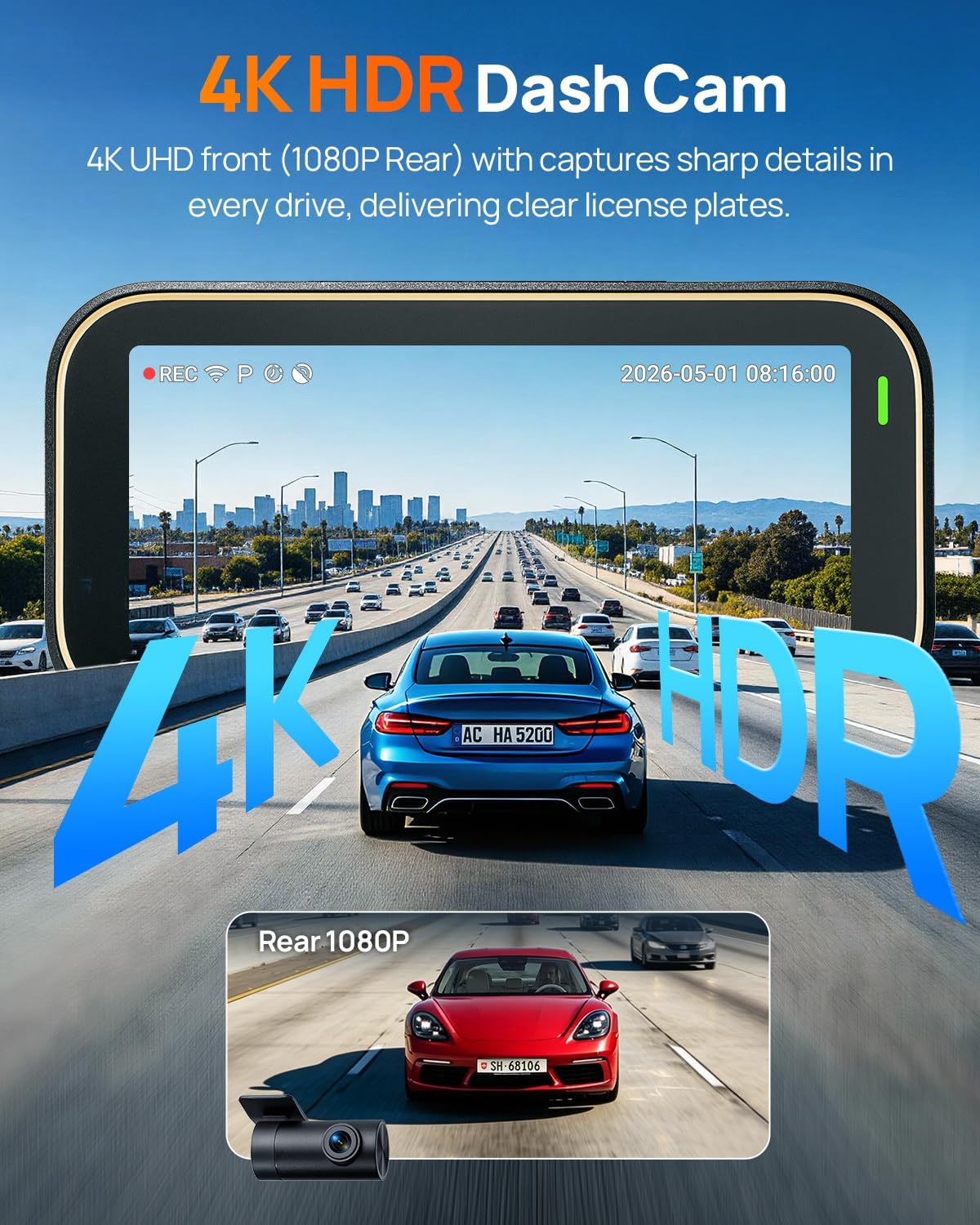 70mai A810 Lite 4K Dash Cam Front and Rear, 5GHz Wi-Fi 6 DashCam, Car Camera 4G LTE Remote Access, GPS Tracking, HDR Night Vision, 24H Parking Mode, Voice Control, Emergency Lock