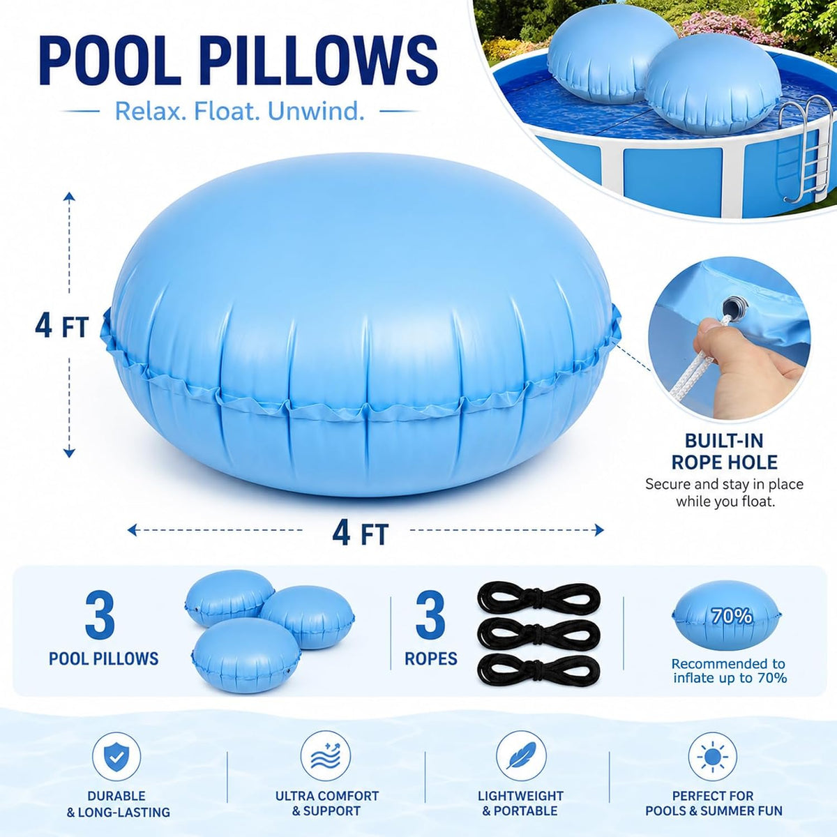 Hungdao 3 Pcs Pool Cover Pillows 4x4 ft for Above Ground Pools with Ropes