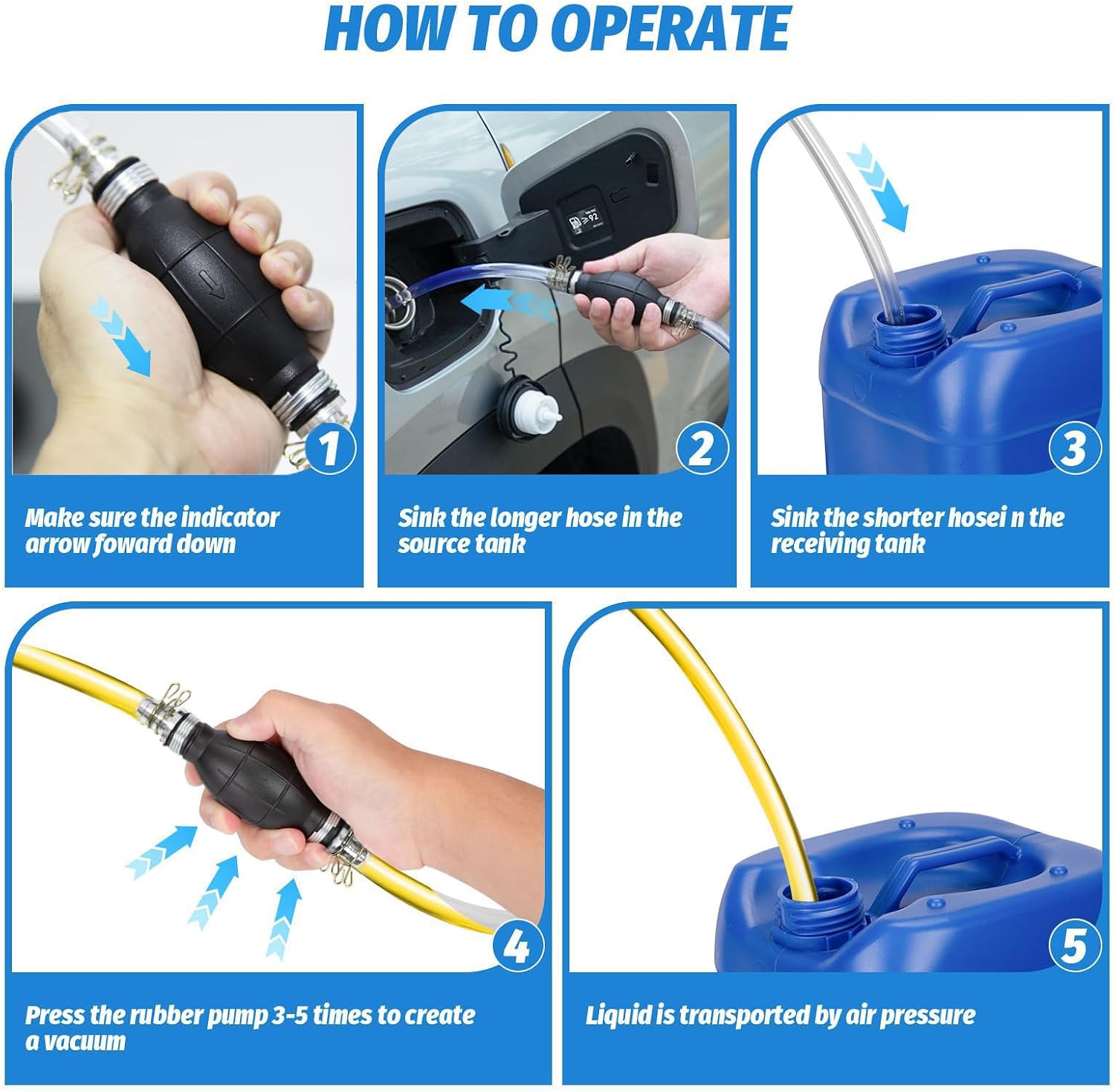 Gasoline Siphon Hose, Gas Oil Water Fuel Transfer Siphon Pump, Portable Widely Use Hand Fuel Pump, Fuel Transfer Pump with PVC Hoses (Blue)