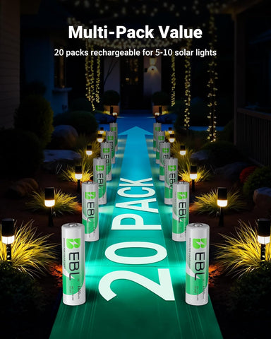 EBL 1100mAh Solar AA Batteries for Solar Lights Garden Lights 20 Pack