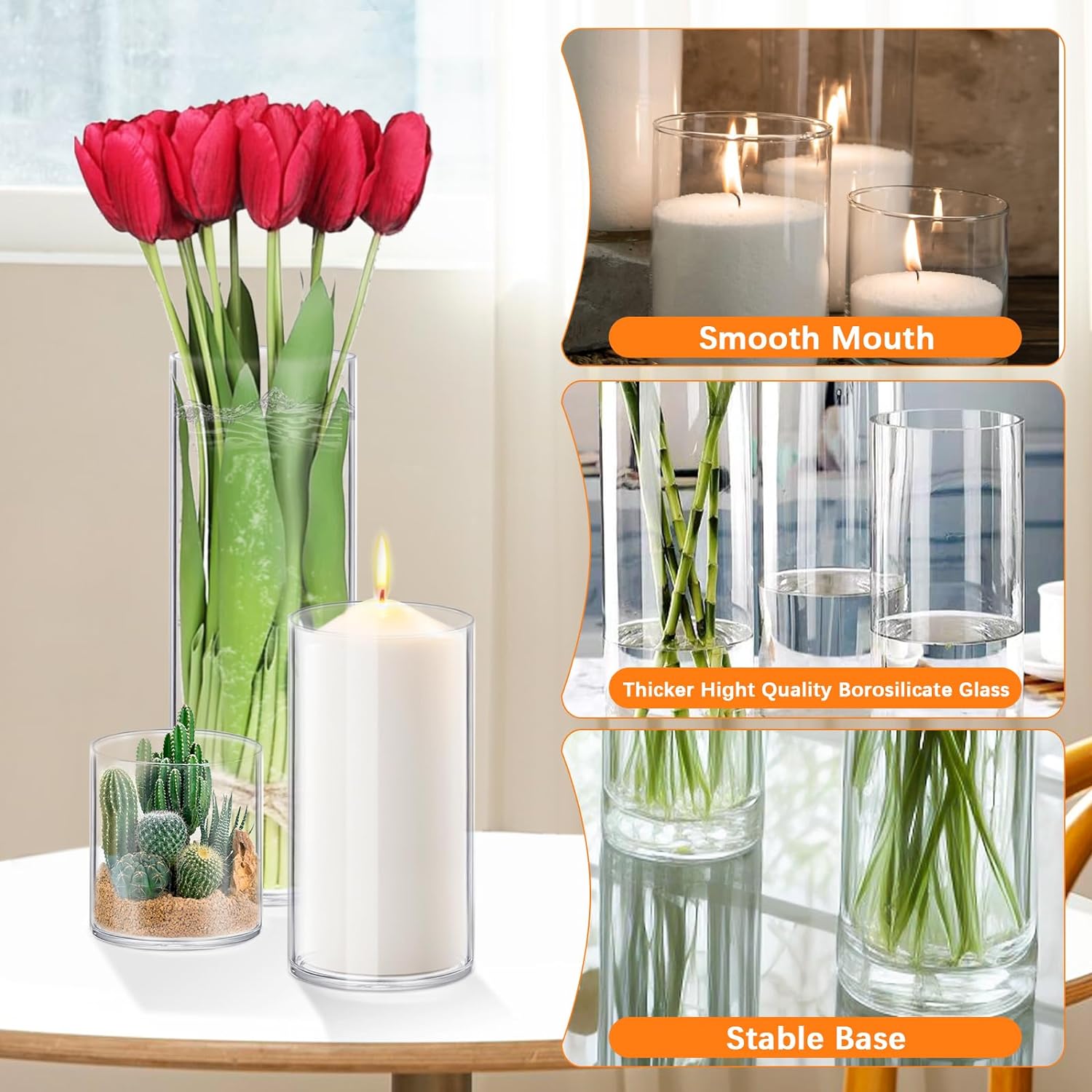 Homjoy Glass Cylinder Vase Set of 16 (2.17x4, 2.56x6, 3.15x8, 3.55x10 in)