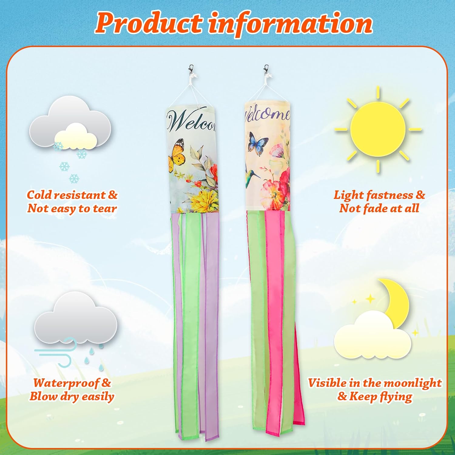 NOVWANG Spring Windsock, 2 Pcs 40 Inches Wind Socks for Outside, Hummingbird Butterfly Windsock Outdoor Decor Windsock Flag Hanging Decor for Wall Tree Patio Lawn Gard