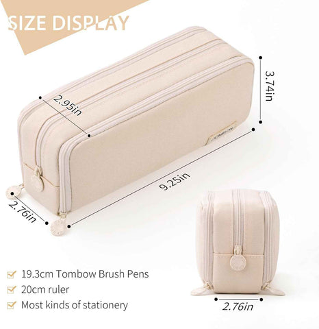 CICIMELON Large Capacity Pencil Case 3 Compartment Pouch Pen Bag for School Teen Girl Boy Men Women (Beige)