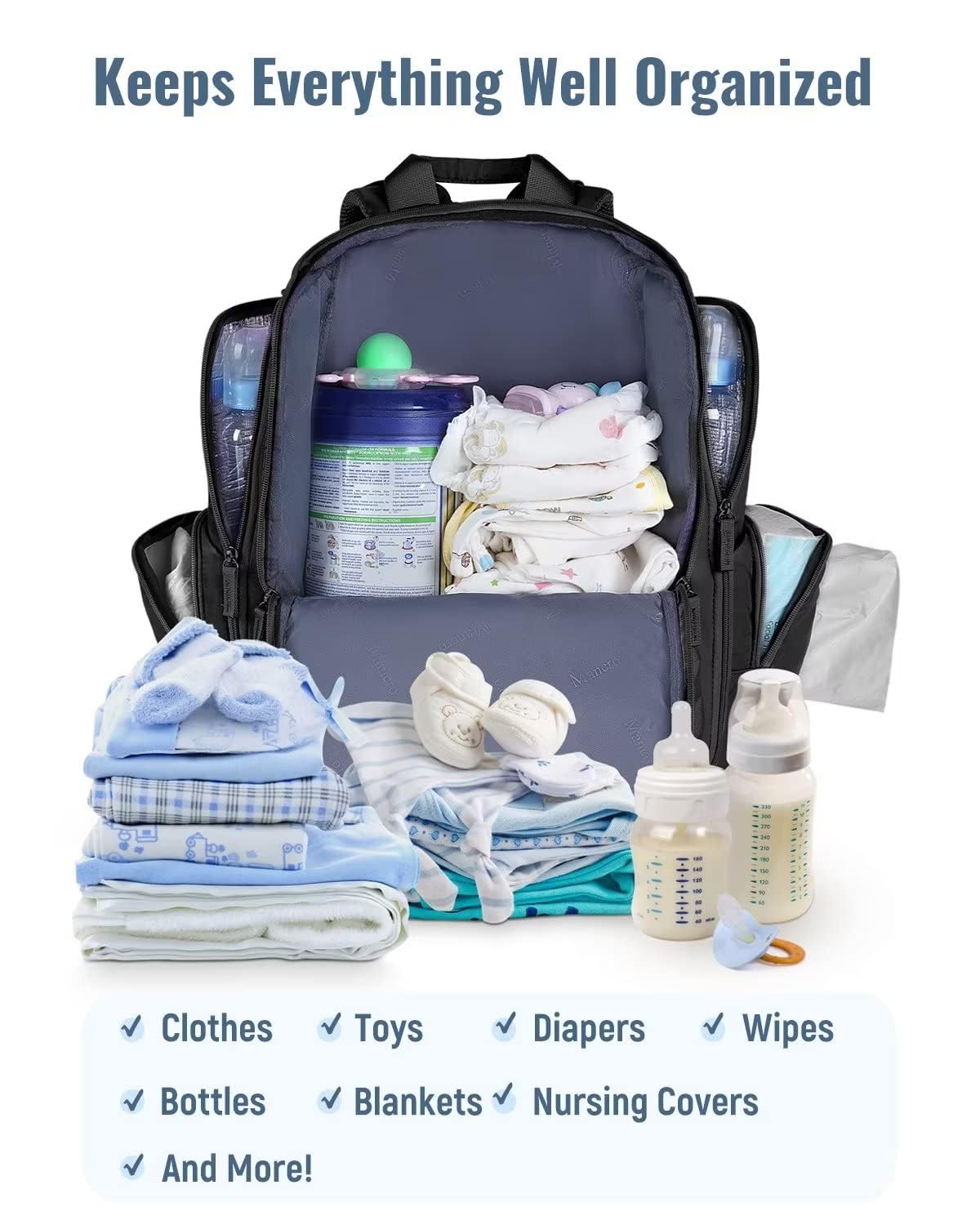 Mancro Diaper Bag Backpack, Dad Diaper Bag with 2 Side Insulated Pockets