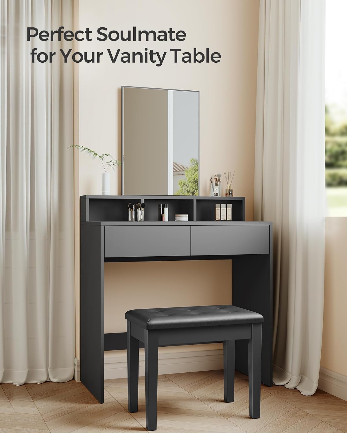 SONGMICS Piano Bench with Padded Cushion and Storage Compartment for Music Books, Vanity Stool, Tufted Wooden Piano Seat, 13.8 x 22 x 19.5 Inches, Black ULPB55H