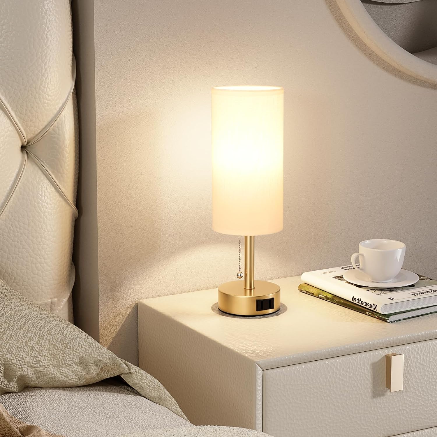 Gold Bedside Table Lamps Set of 2 - Bedroom Lamp for Desk, AC Outlet