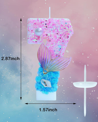 Mermaid Themed Birthday Candles, Number 7 Girls Glitter Birthday Party Supplies,Anniversary Party Decor,2.87 inch Cake Topper Decorations (Mermaid Themed, Number 7)