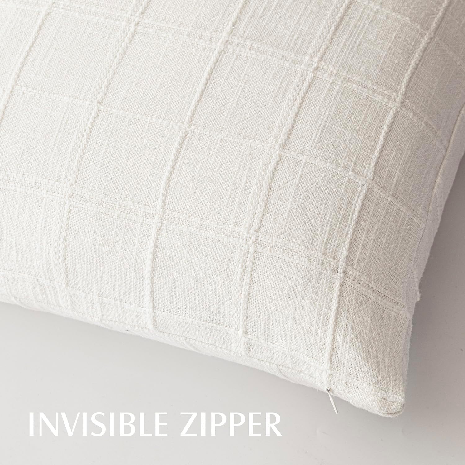 Foindtower Textured Linen Check Lumbar Throw Pillow Cover 12×20 Cream White