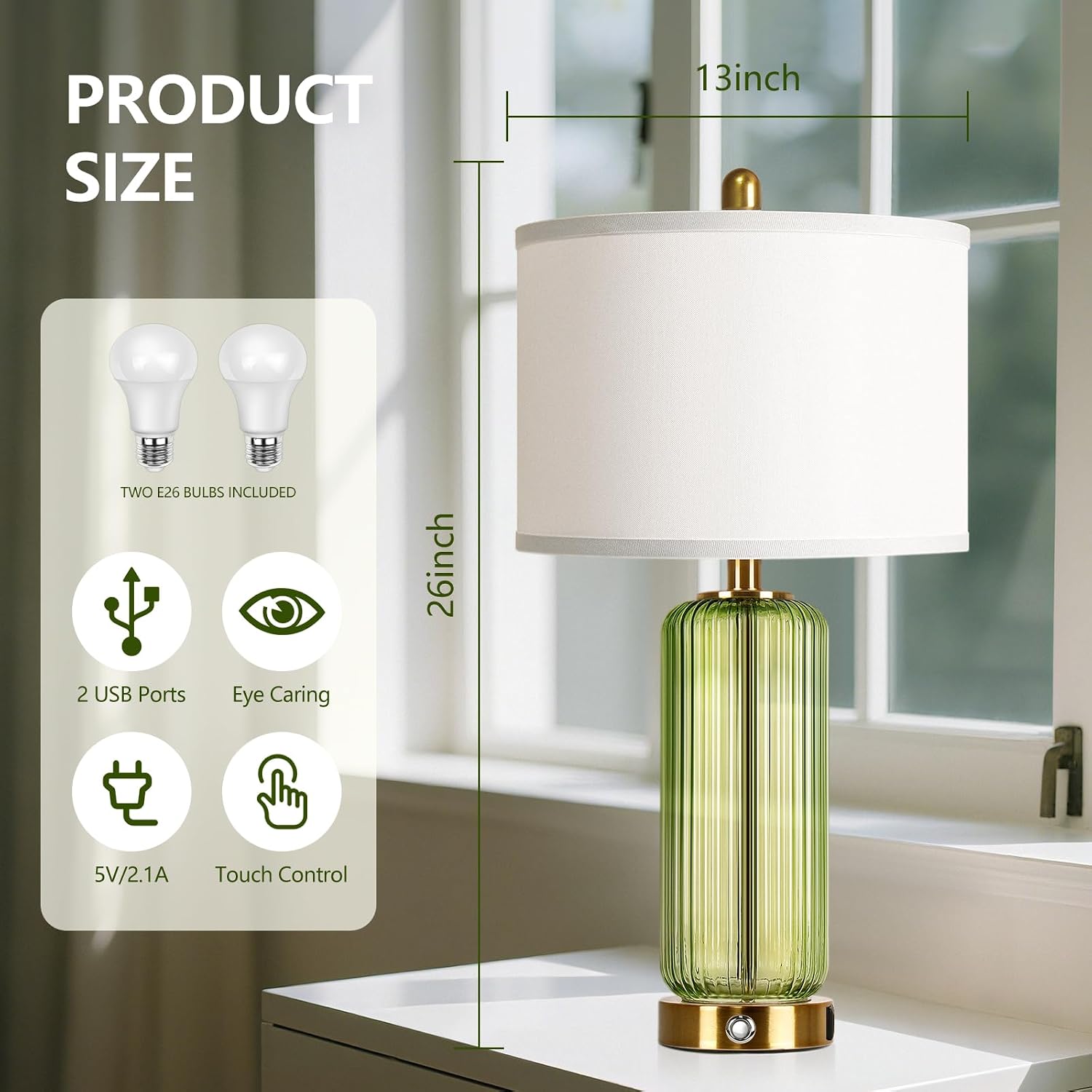 WIHTU 27" Touch Table Lamps, Modern Glass Beside Lamp with USB Ports, Green