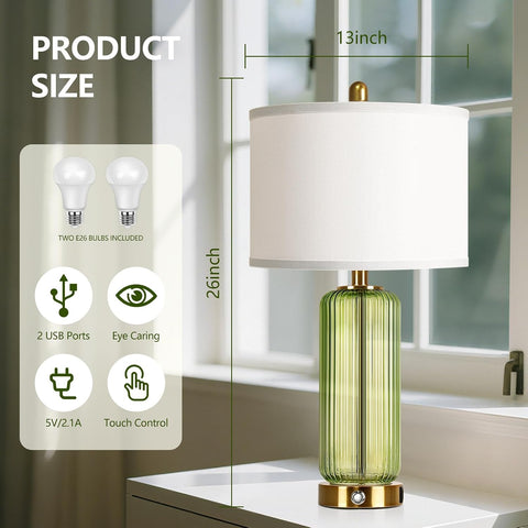 WIHTU 27" Touch Table Lamps, Modern Glass Beside Lamp with USB Ports, Green
