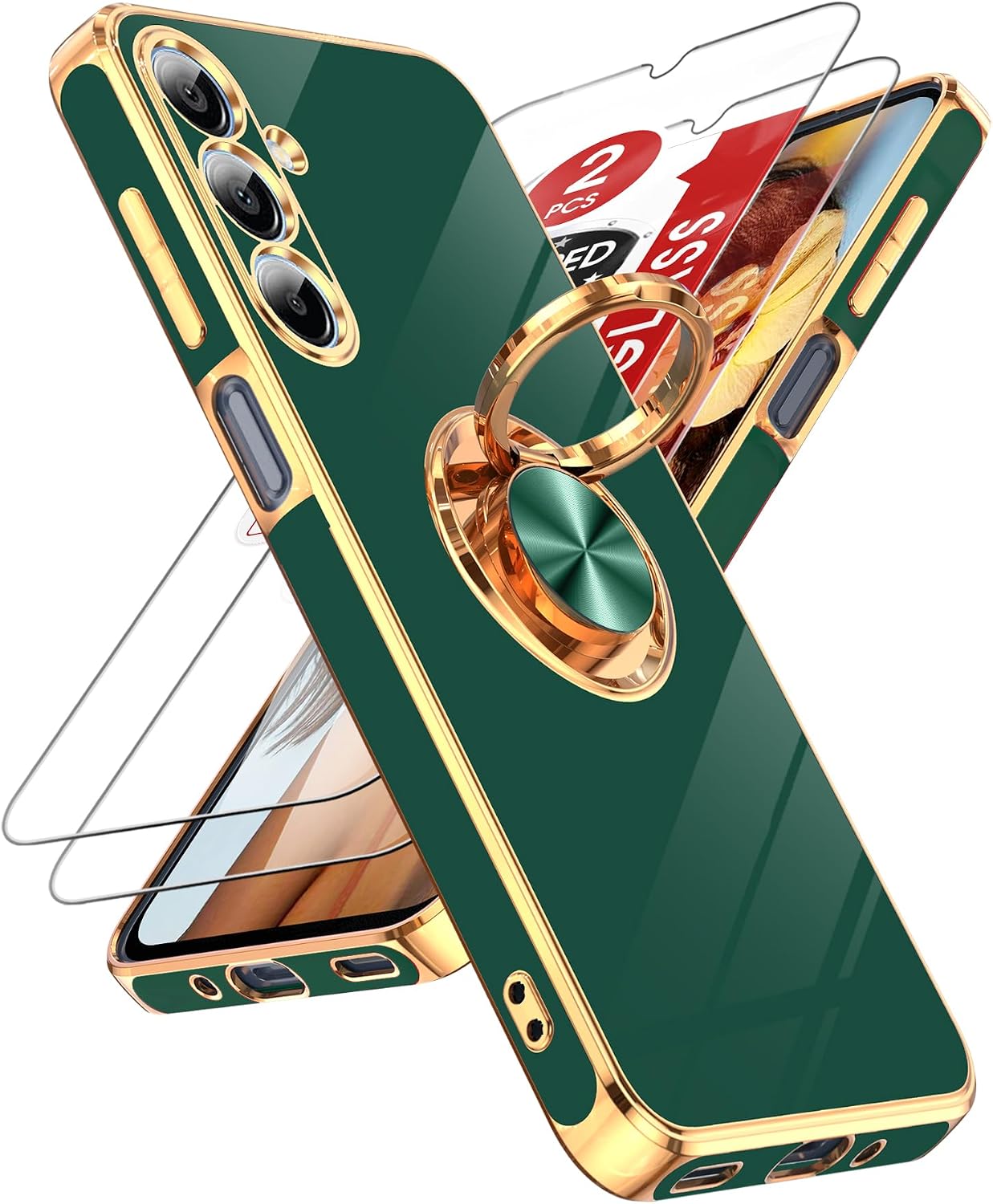 LeYi for Samsung Galaxy A16-5G Case: 2 Pack Tempered Glass Screen Protector and 360° Rotatable Ring Holder Magnetic Kickstand, Plating Rose Gold Edge para A 16 Case, Dark Green