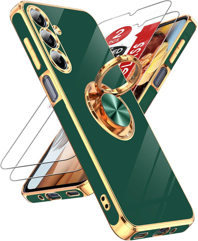LeYi for Samsung Galaxy A16-5G Case: 2 Pack Tempered Glass Screen Protector and 360° Rotatable Ring Holder Magnetic Kickstand, Plating Rose Gold Edge para A 16 Case, Dark Green