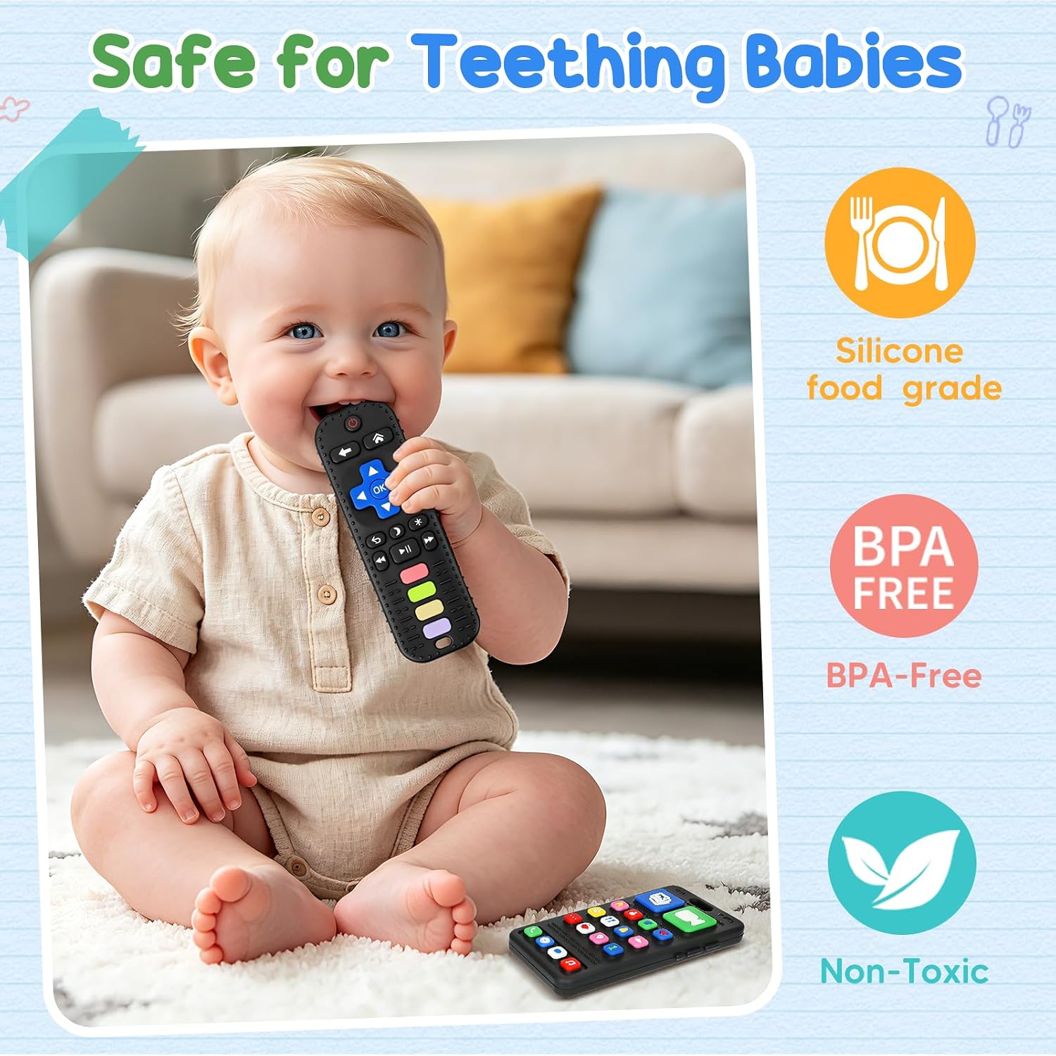 2 Pack Remote & Phone Teething Toys for 0-6 6-12 Months, BPA Free Silicone