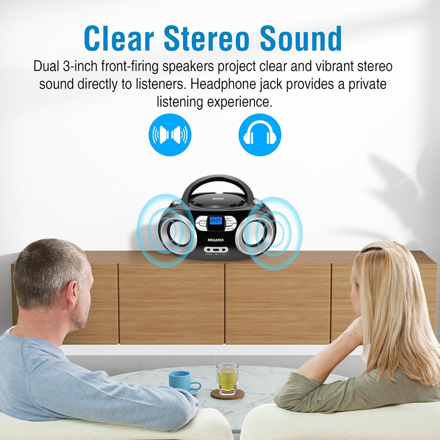 MEGATEK Portable CD Player Boombox with Bluetooth & FM Radio – Black