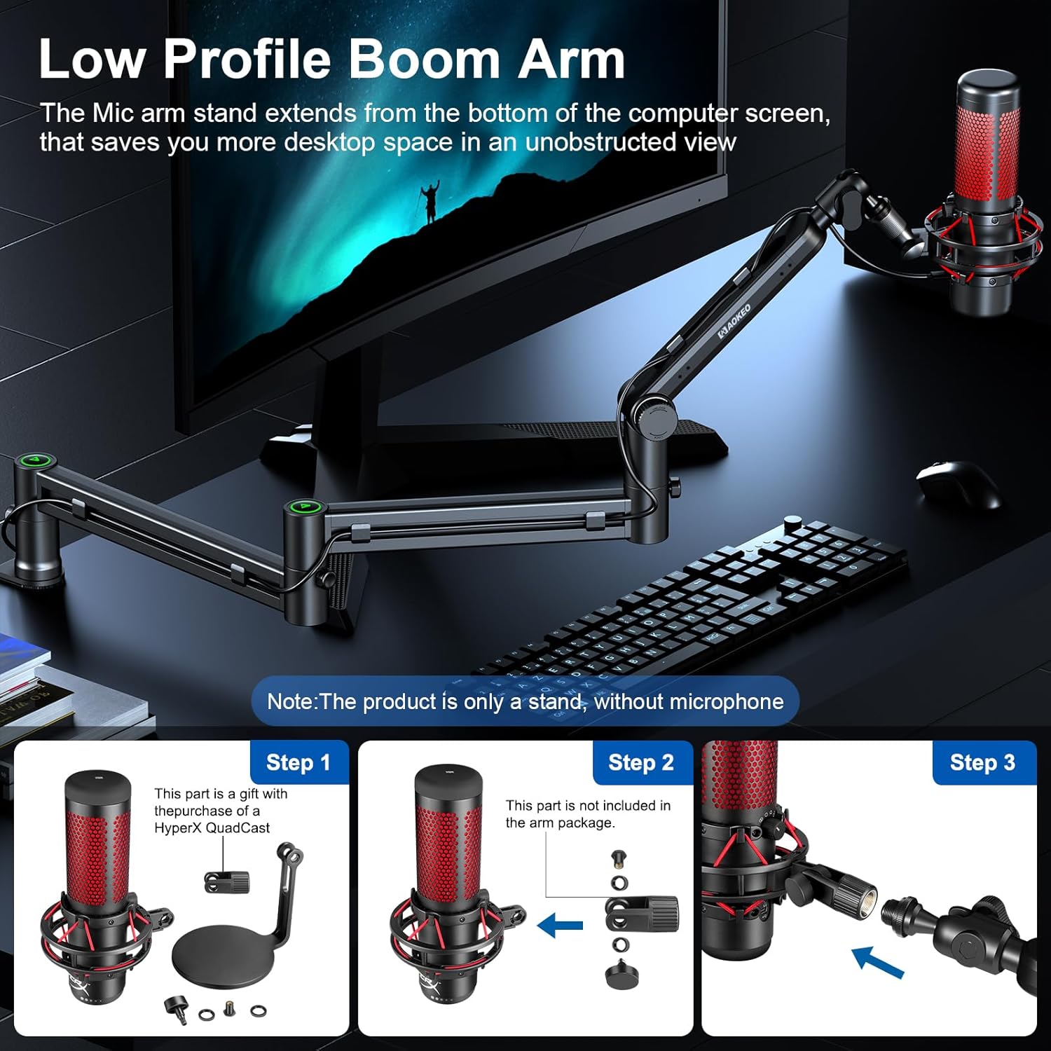Microphone Arm,Aokeo AK-58i Desk Low Profile Mic Boom Arm Stand,Suitable For Blue Yeti,Snowball iCE,HyperX QuadCast,SoloCast,Elgato Wave,Etc