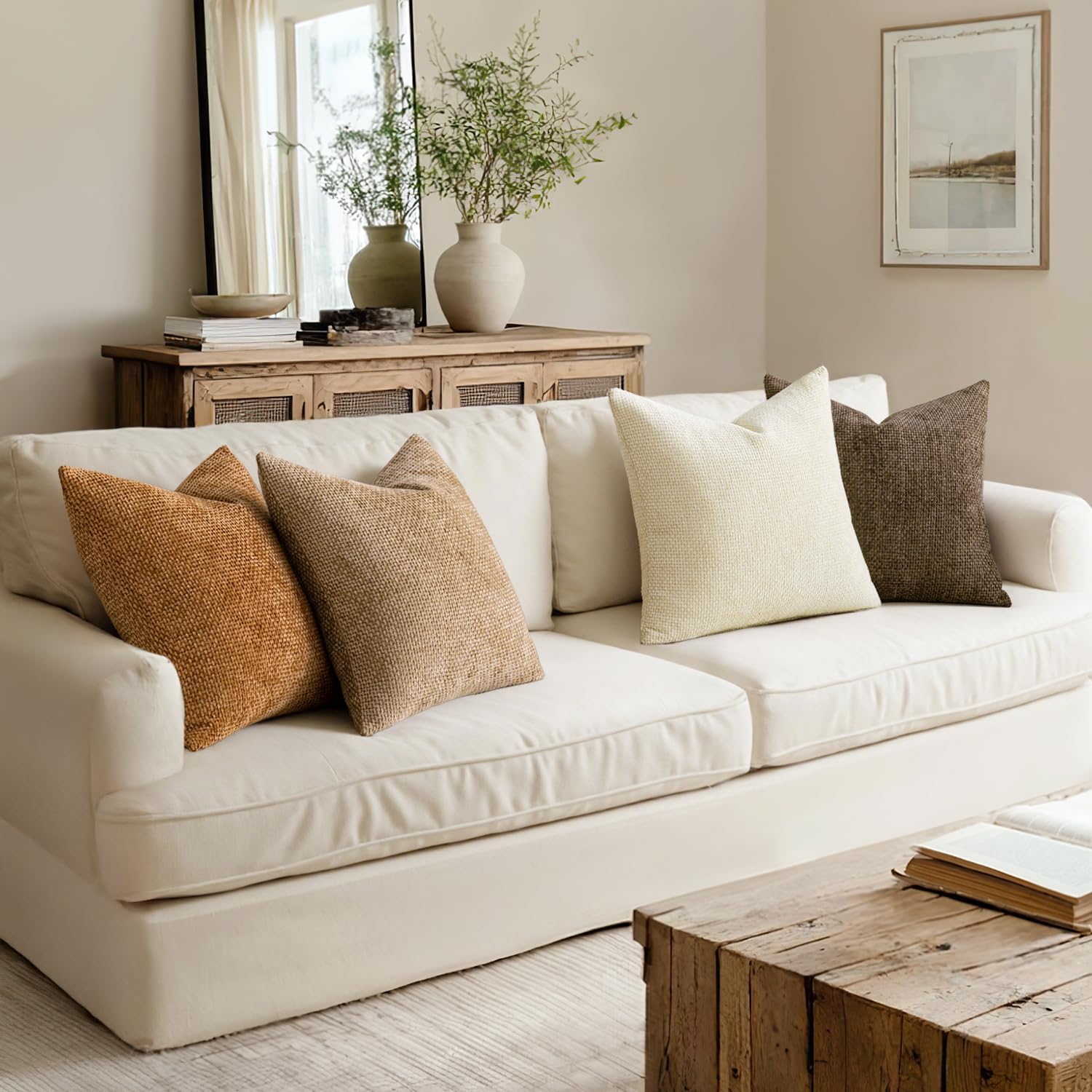 MIULEE Soft Decorative Chenille Fall Pillow Covers Brown 18x18 Pack of 4