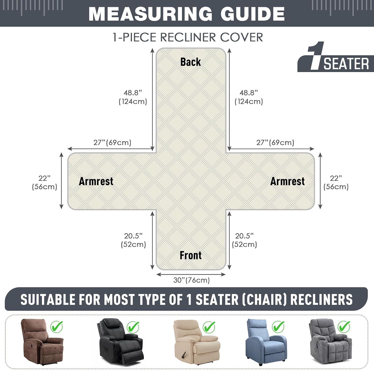TAOCOCO Waterproof Recliner Chair Covers 30 Inch Wide, Oversized Recliner Covers for Recliner Chair with Pocket, Recliner Slipcovers with Straps Furniture Protector for Kids Pets (30'', Dark Grey)