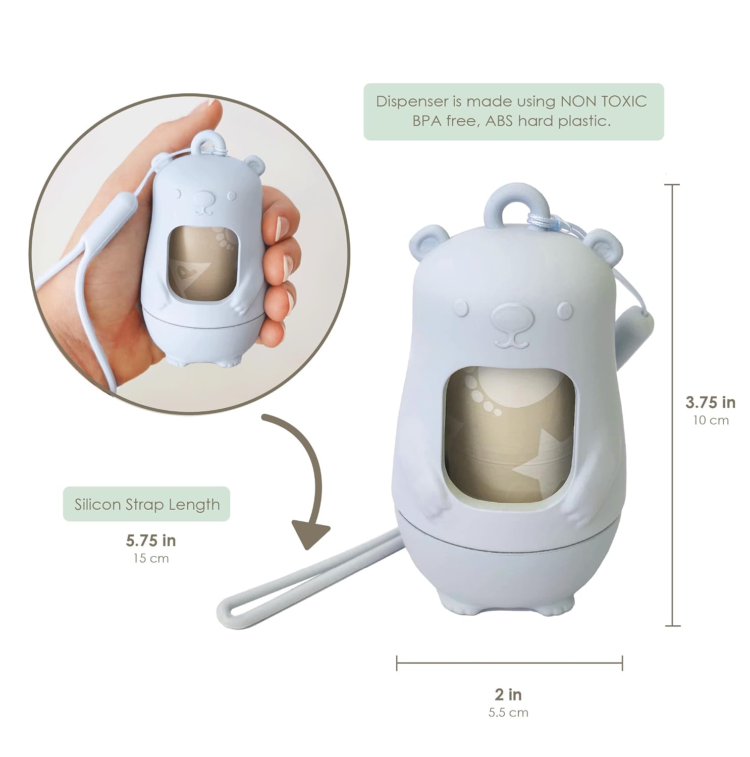Teddy Bear Diaper Bag Dispenser | Diaper Trash Bags on the Go Dispenser w/Silicon Strap | 15 UNSCENTED Baby Poop Bags per Roll | Dirty Diaper Bags Disposable | Diaper Waste Bags (BABY BLUE)