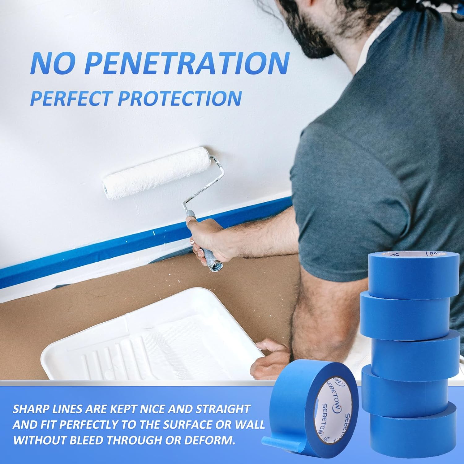 10Rolls Painters Tape 2 inch Wide Bulk Blue Masking Tape for Painting 55yds