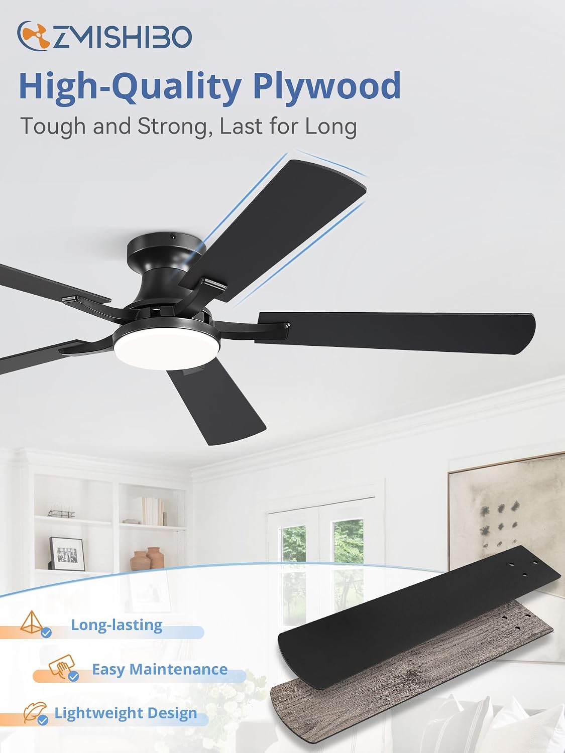 ZMISHIBO 60 Inch Ceiling Fans with Lights, Remote&App Control, Flush Mount