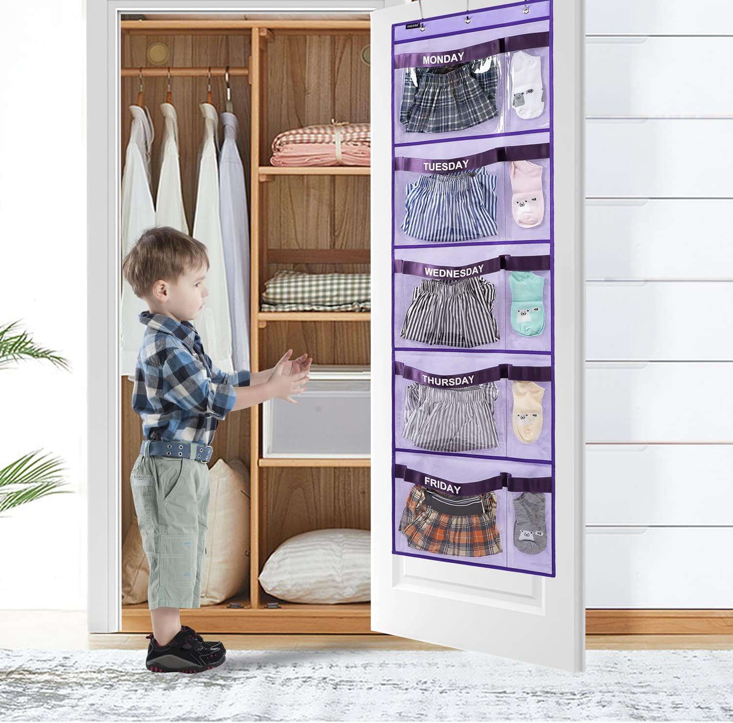 Weekly Kids Clothes Organizer Day of Week School Clothing Storage Monday to Friday Hanging Closet Organizer (Purple)