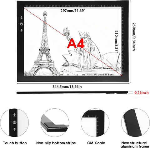 HSK 9”x13”LED Artist tracing Light Box Copy Table, Adjustable High Brightness Light Pad for Tatto Drawing, Sketching, Animation, Diamond Painting Accessories