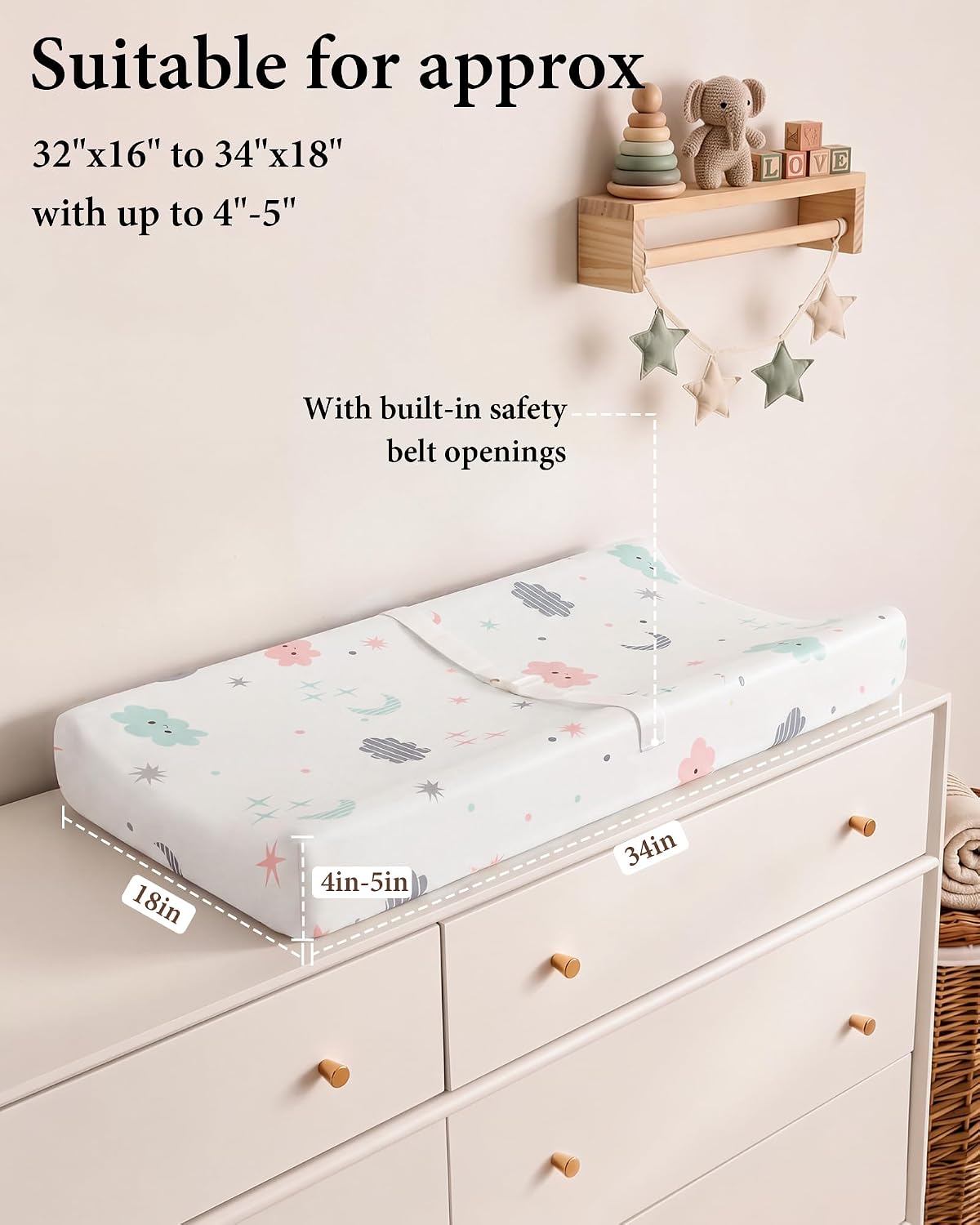 Yoofoss 2-Pack Diaper Changing Pad Cover for Boys Girls 32x16 (Grey+Cloud)
