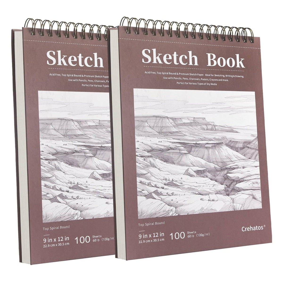 Crehatos 9" x 12" Sketch Book, Top Spiral Bound Sketch Pad, 100 Sheets Each 68lb/100gsm Drawing Paper, 2 Pack