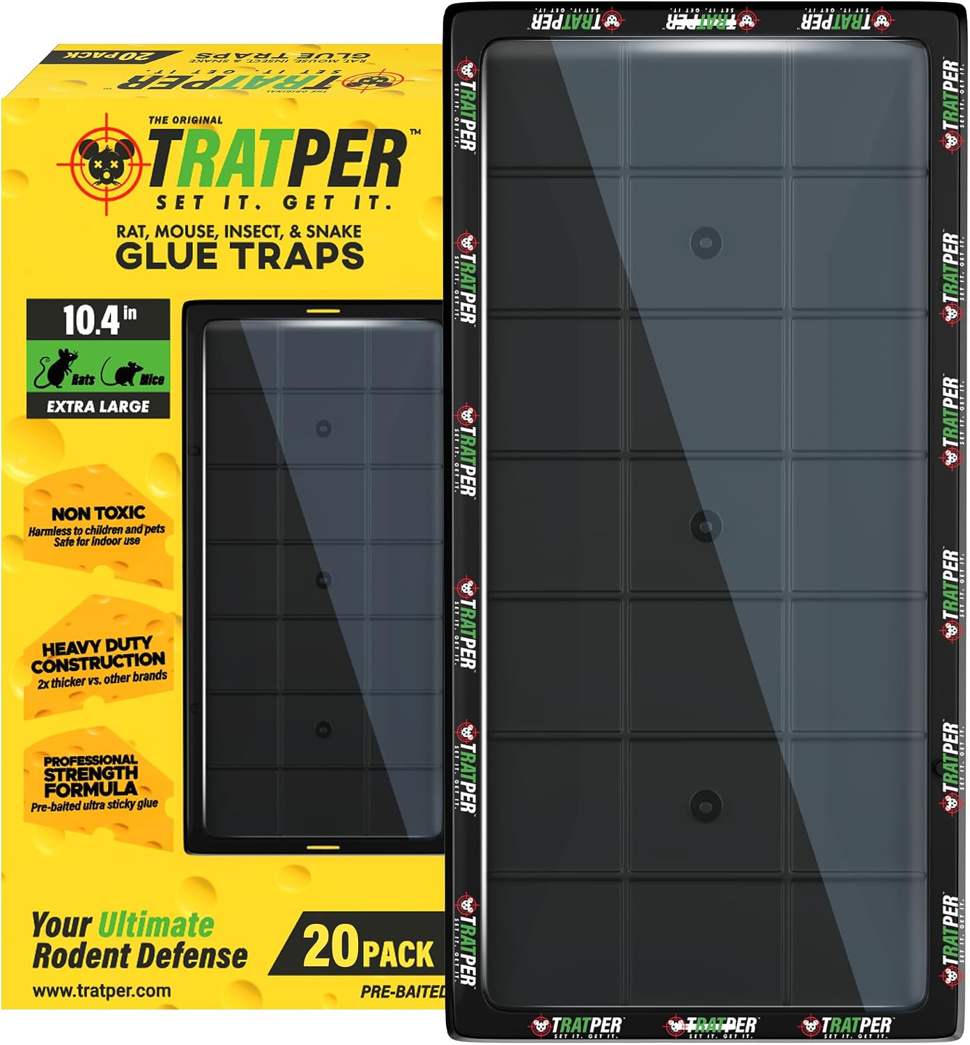 TRATPER Glue Traps for Mice,Rat,Mouse,Snake,Lizard,Insect. 20 Pack. Extra Strength,Pre-Baited Adhesive.Heavy Duty Plastic Tray.Non-Toxic,Chemical-Free Pest Control for Home. 20Pack