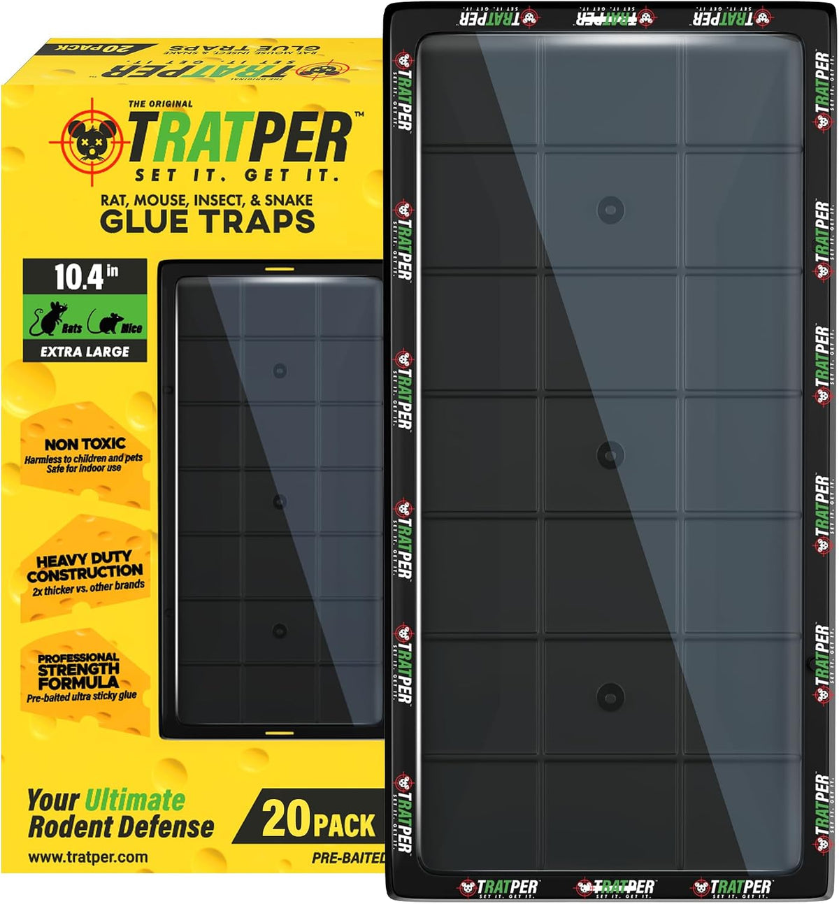 TRATPER Glue Traps for Mice,Rat,Mouse,Snake,Lizard,Insect. 20 Pack. Extra Strength,Pre-Baited Adhesive.Heavy Duty Plastic Tray.Non-Toxic,Chemical-Free Pest Control for Home. 20Pack