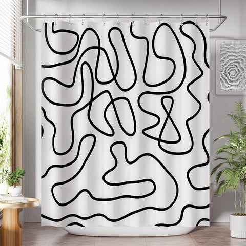AmazerBath Shower Curtain, Washable Cloth Black and White Shower Curtain Sets with 12 Metal Shower Curtain Hooks, Rustic Abstract Black Lines Art Fabric Shower Curtains for Bathroom Decor, 72x72 Inch