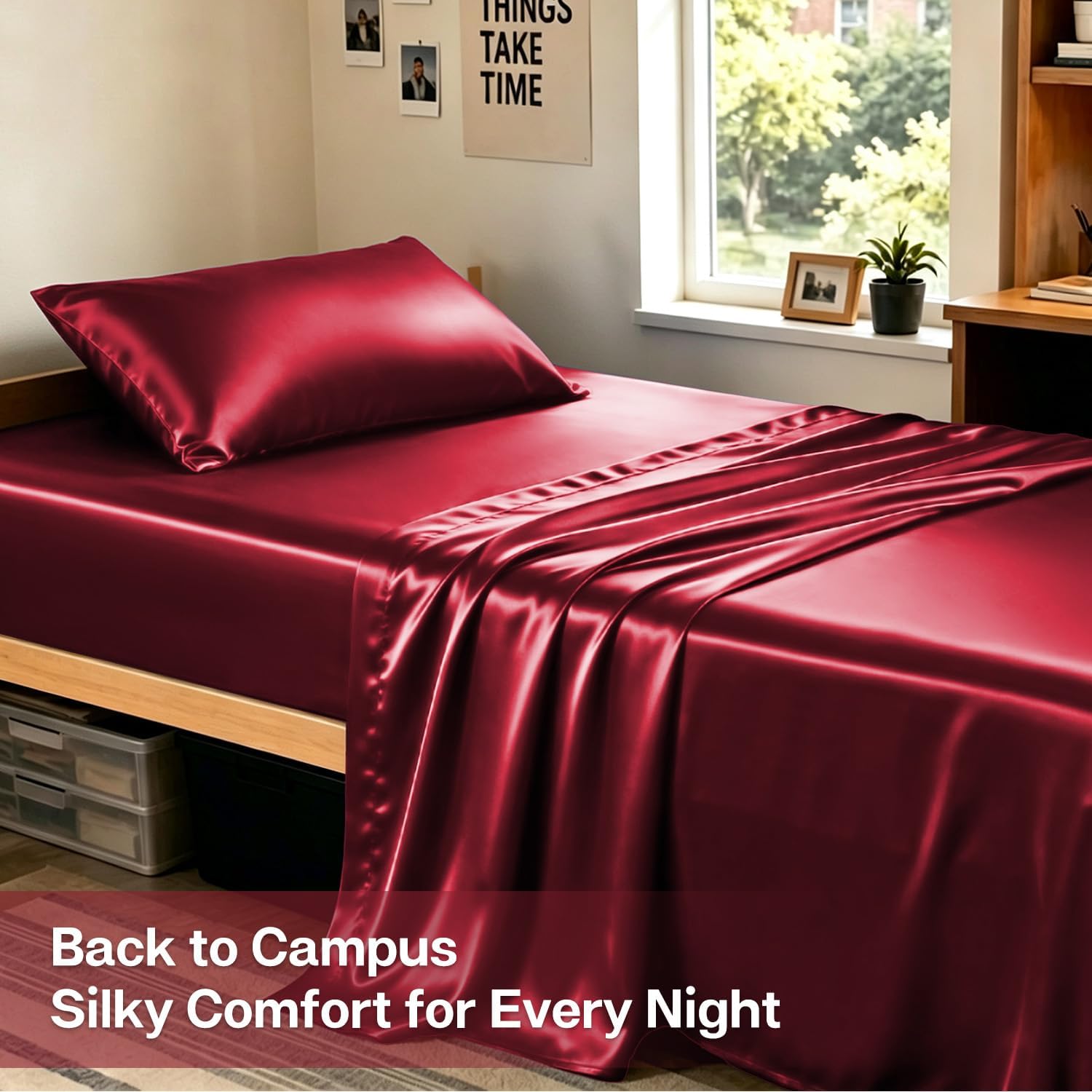 MR&HM Satin Sheets Twin Size with Elastic Corner Straps, Burgundy