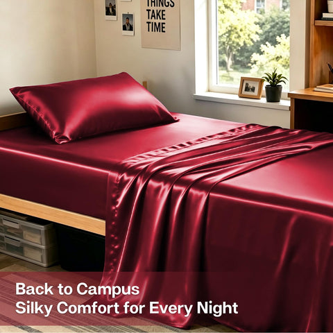 MR&HM Satin Sheets Twin Size with Elastic Corner Straps, Burgundy