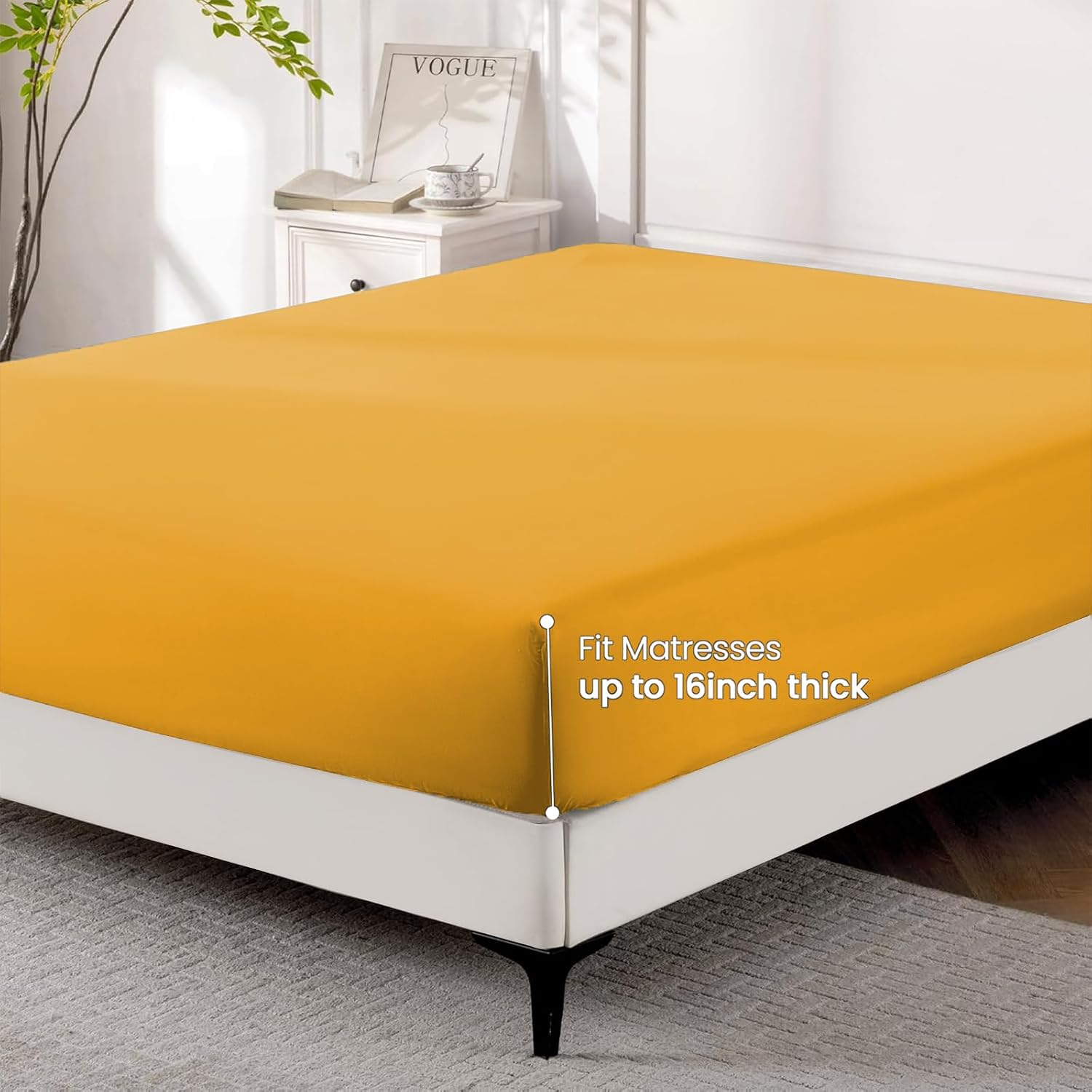 ROSE&RISY Lemon Yellow Queen Fitted Sheet, Soft and Breathable for Cozy Sleep, Cooling Fitted Sheet, 16“ Deep Pocket, 1 Pack (Lemon Yellow, Queen Size)
