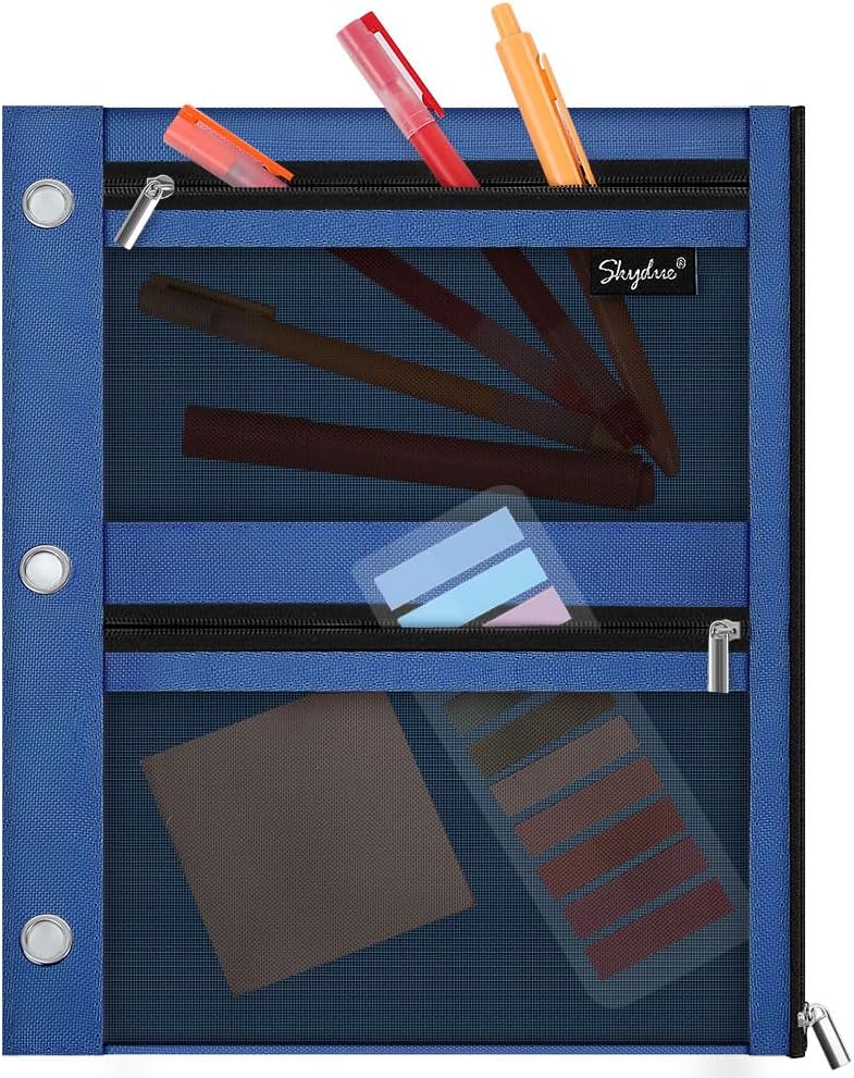 SKYDUE Pencil Pouch for 3 Ring Binder, 3 Pockets and Mesh Window