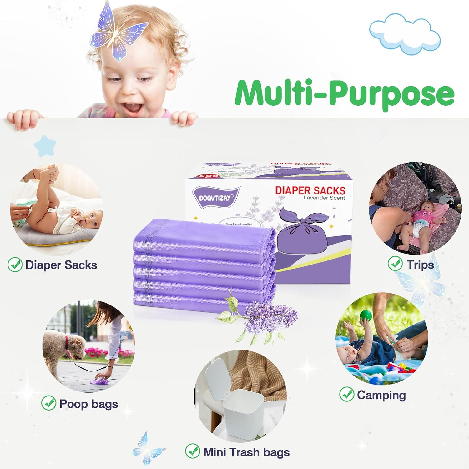 Baby Disposable Diaper Bags Easy-To-Tie Tabs Diaper Sacks with Lavender Scented Diaper Disposal or Pet Waste Bags (500 Count)